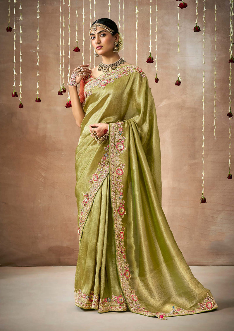 Monjolika Fashion Organza Silk Embroidered Bollywood Saree In Green - Distacart