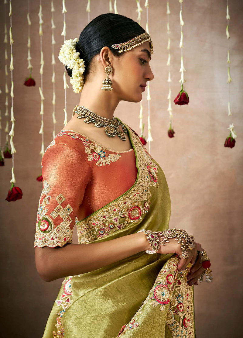 Monjolika Fashion Organza Silk Embroidered Bollywood Saree In Green - Distacart