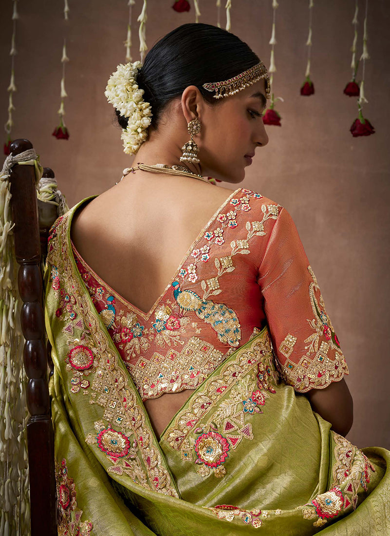 Monjolika Fashion Organza Silk Embroidered Bollywood Saree In Green - Distacart