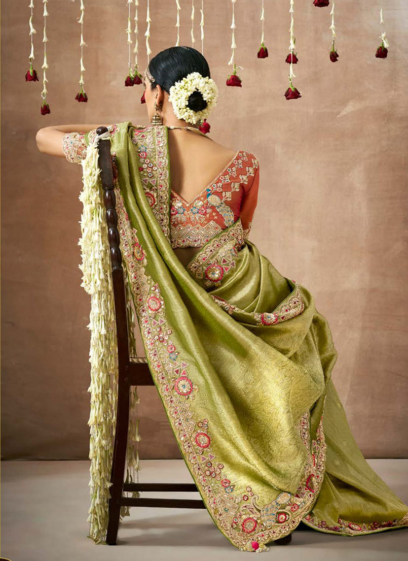 Monjolika Fashion Organza Silk Embroidered Bollywood Saree In Green - Distacart