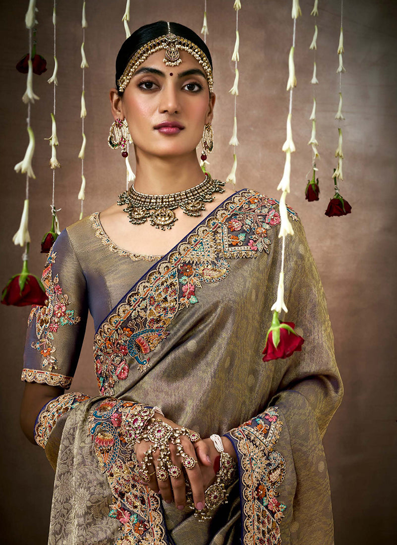 Monjolika Fashion Embroidered Organza Silk Grey Classic Saree