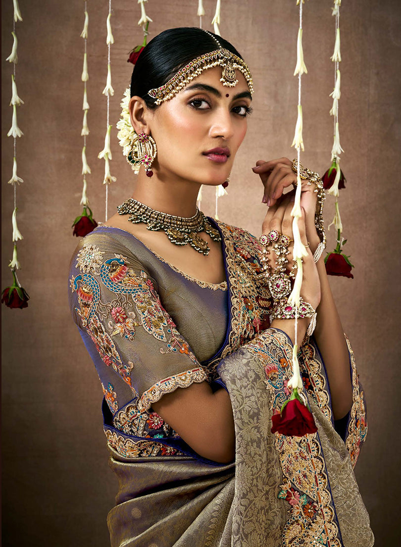 Monjolika Fashion Embroidered Organza Silk Grey Classic Saree