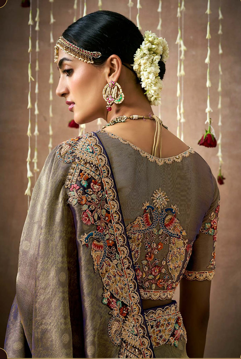 Monjolika Fashion Embroidered Organza Silk Grey Classic Saree