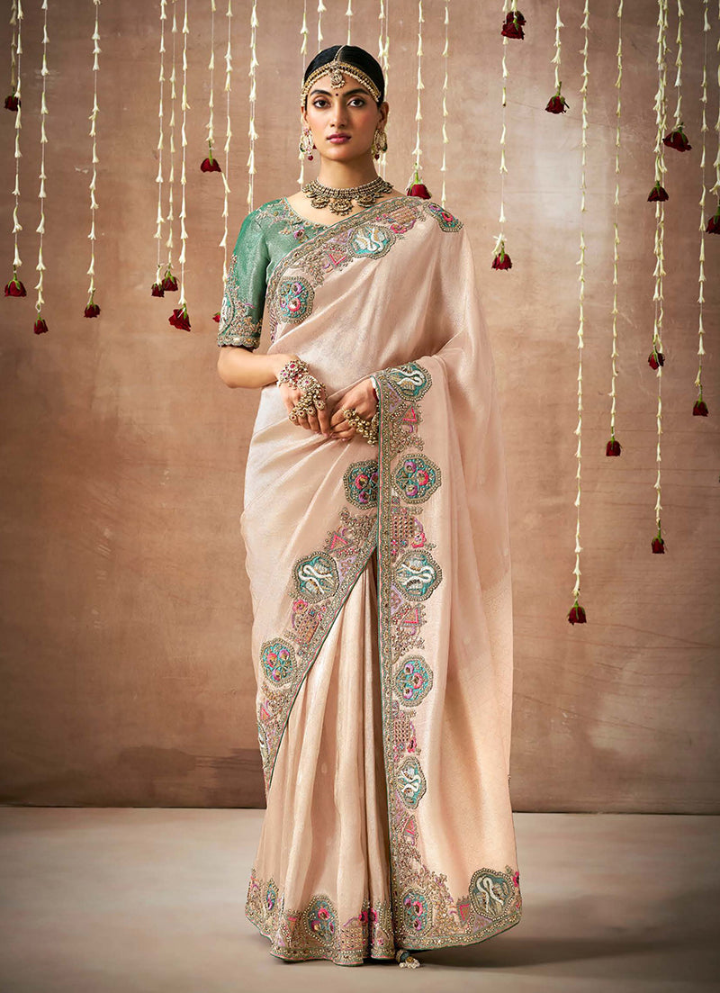 Monjolika Fashion Organza Silk Embroidered Light Peach Contemporary Saree