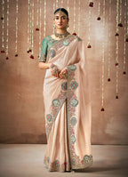 Monjolika Fashion Organza Silk Embroidered Light Peach Contemporary Saree