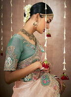 Monjolika Fashion Organza Silk Embroidered Light Peach Contemporary Saree