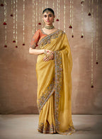 Monjolika Fashion Organza Embroidered Mustard Designer Bollywood Saree