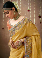 Monjolika Fashion Organza Embroidered Mustard Designer Bollywood Saree