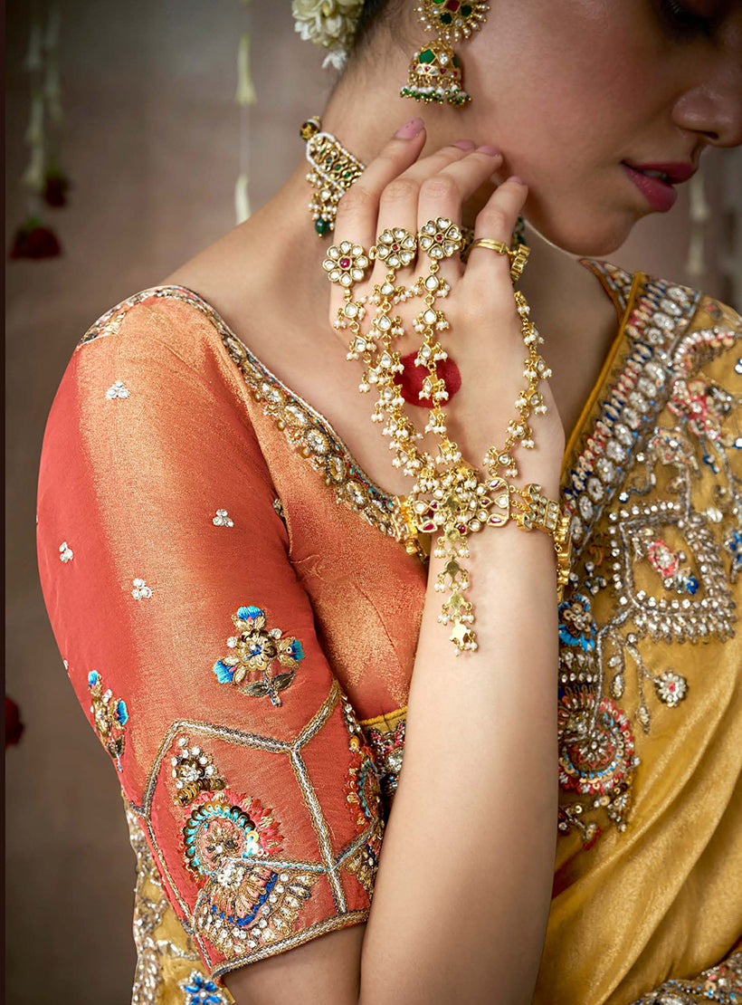 Monjolika Fashion Organza Embroidered Mustard Designer Bollywood Saree