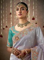 Monjolika Fashion Organza Silk Embroidered Contemporary Style Saree In Light Grey