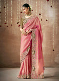 Monjolika Fashion Organza Silk Pink Embroidered Bollywood Saree