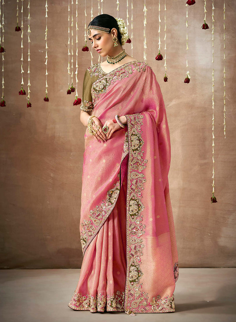 Monjolika Fashion Organza Silk Pink Embroidered Bollywood Saree