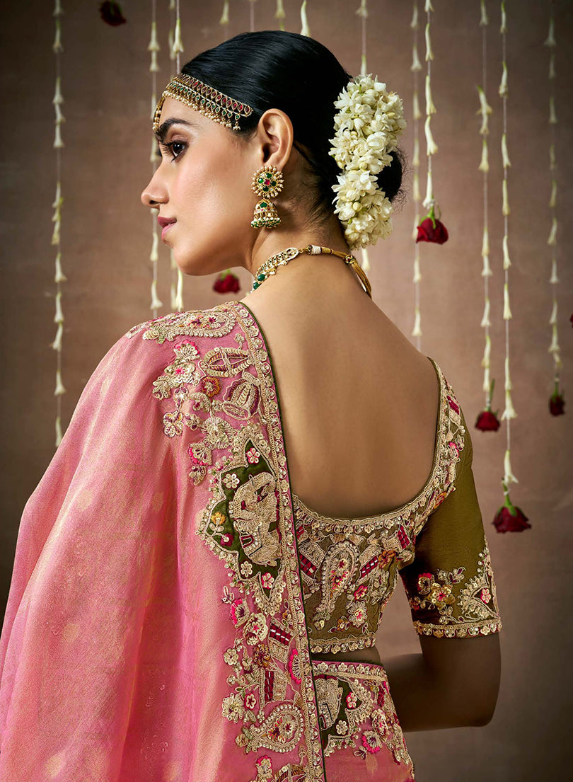 Monjolika Fashion Organza Silk Pink Embroidered Bollywood Saree