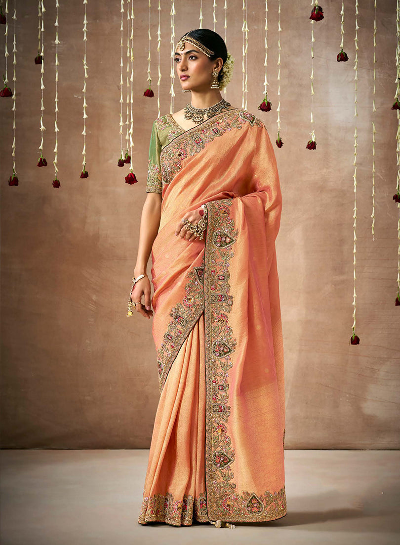Monjolika Fashion Orange Colour Organza Silk Embroidered Designer Saree
