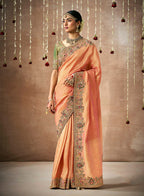 Monjolika Fashion Orange Colour Organza Silk Embroidered Designer Saree