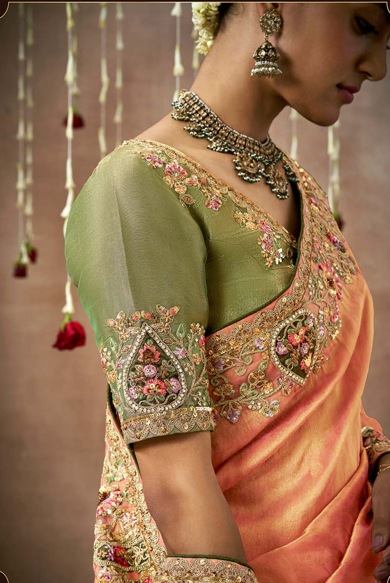 Monjolika Fashion Orange Colour Organza Silk Embroidered Designer Saree
