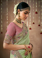 Monjolika Fashion Organza Silk Embroidered Sea Green Different Style Saree