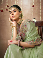 Monjolika Fashion Organza Silk Embroidered Sea Green Different Style Saree