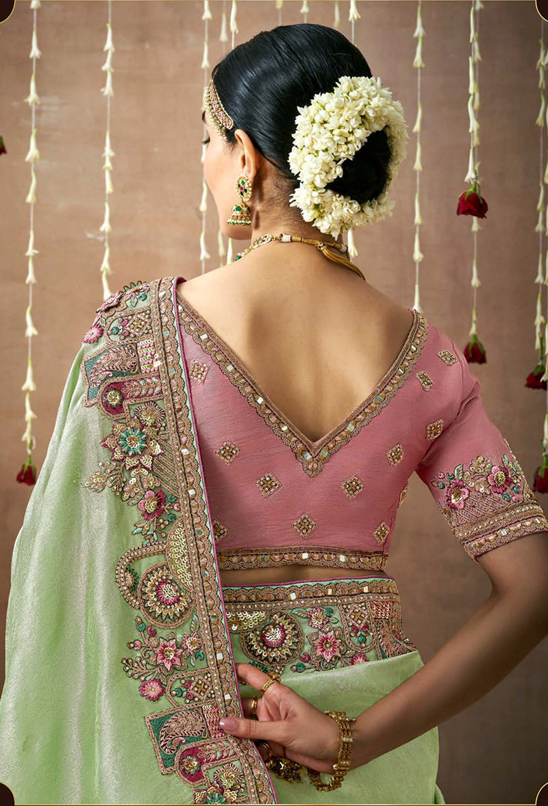 Monjolika Fashion Organza Silk Embroidered Sea Green Different Style Saree