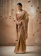 Monjolika Fashion Organza Silk Embroidered Brown Classic Saree