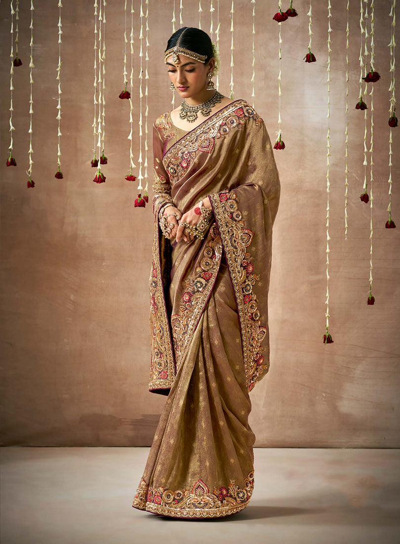 Monjolika Fashion Organza Silk Embroidered Brown Classic Saree