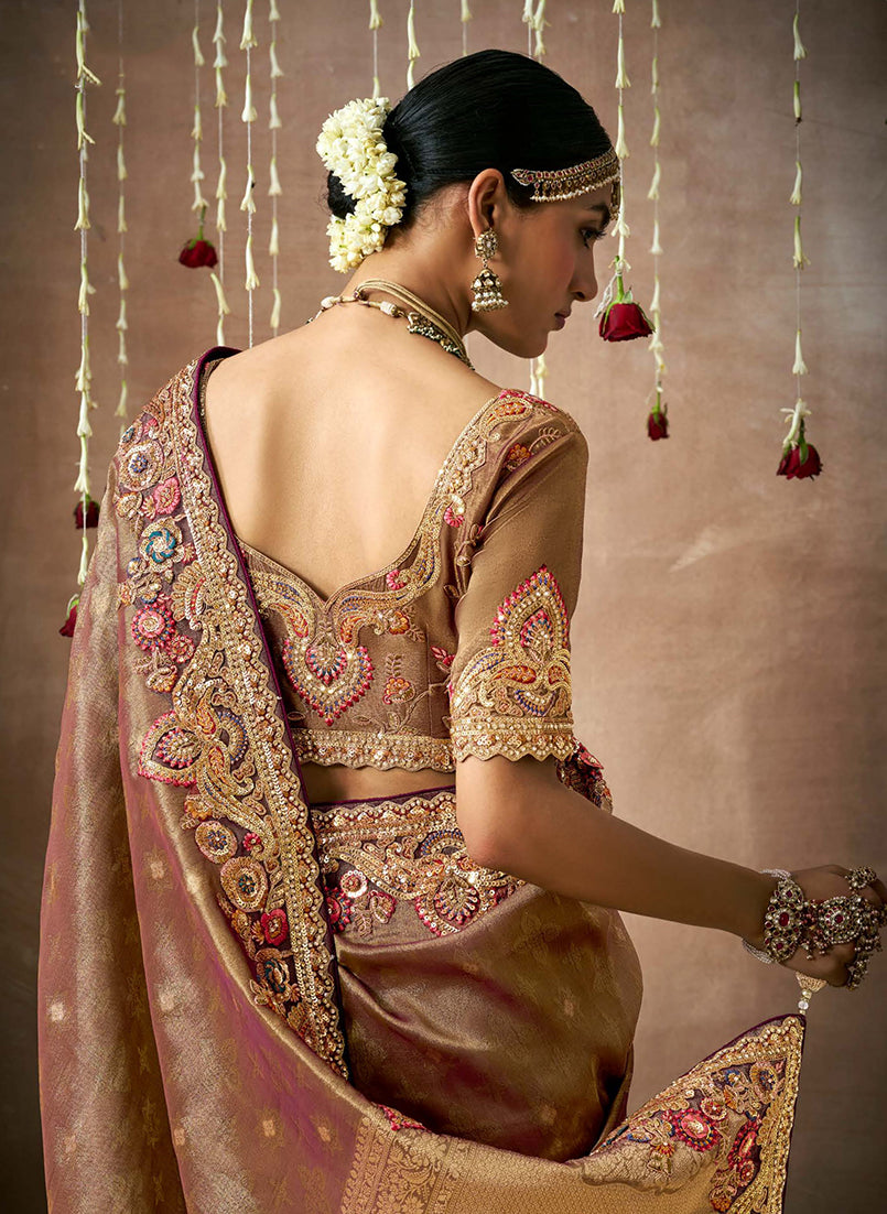 Monjolika Fashion Organza Silk Embroidered Brown Classic Saree