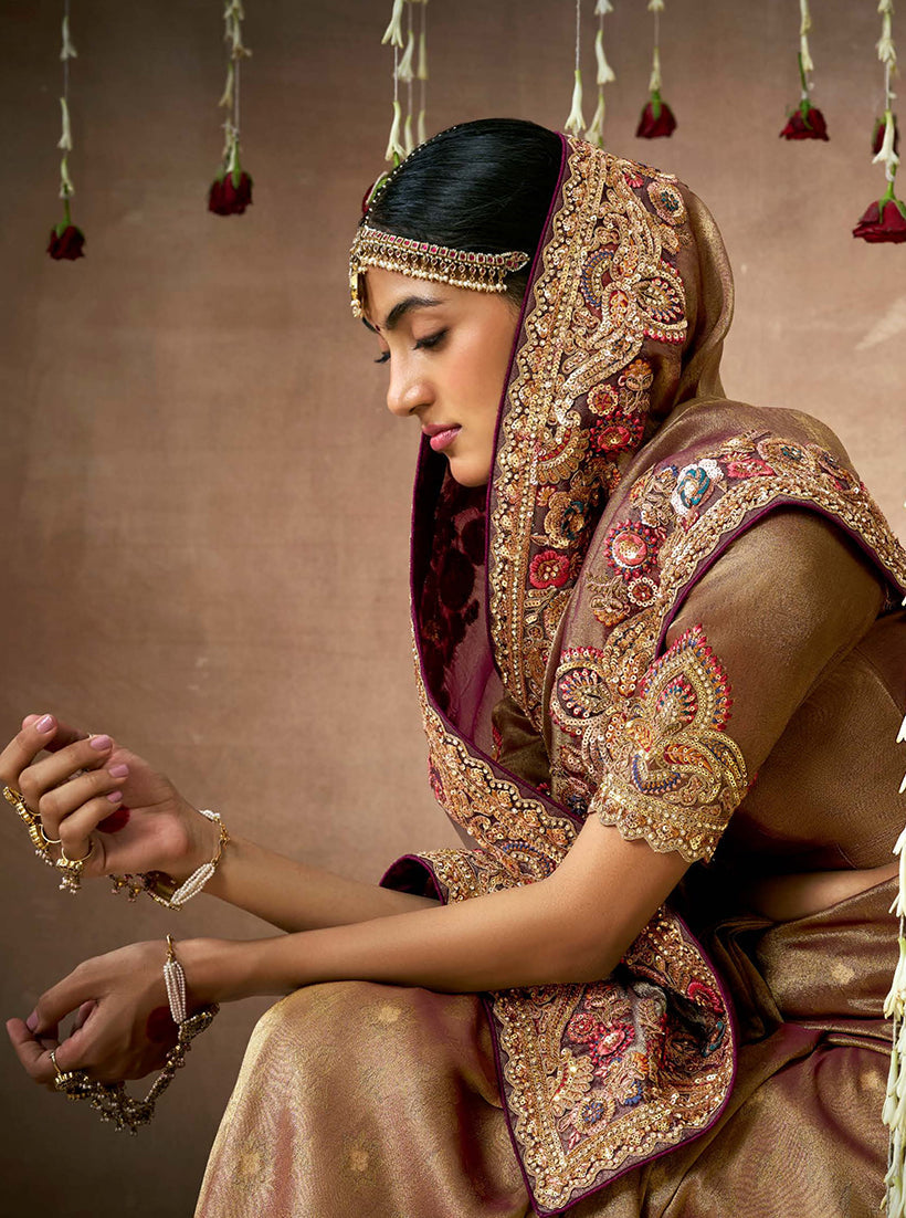 Monjolika Fashion Organza Silk Embroidered Brown Classic Saree