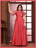 Monjolika Fashion Dark Peach Triva Silk Embroidered Wedding Wear Gown - Distacart