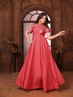Monjolika Fashion Dark Peach Triva Silk Embroidered Wedding Wear Gown - Distacart