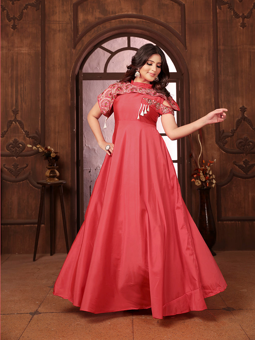 Monjolika Fashion Dark Peach Triva Silk Embroidered Wedding Wear Gown - Distacart