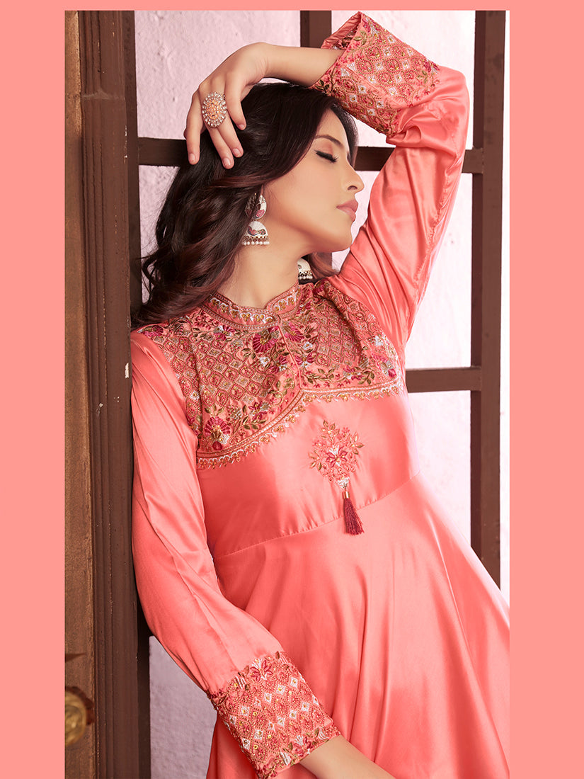 Monjolika Fashion Light Pink Triva Silk Embroidered Wedding Wear Gown - Distacart