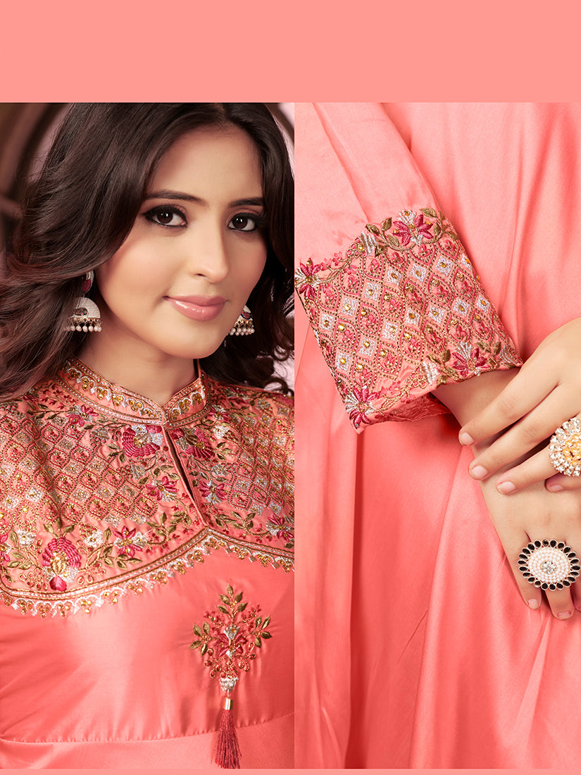 Monjolika Fashion Light Pink Triva Silk Embroidered Wedding Wear Gown - Distacart