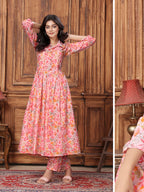 Monjolika Fashion Peach Premium Rayon Floral Printed Long Kurta And Pant Set - Distacart