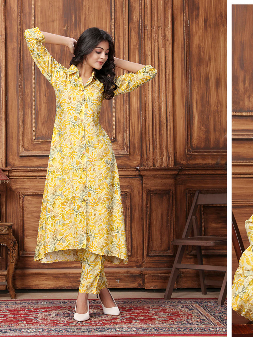 Monjolika Fashion Yellow Premium Rayon Floral Printed Long Kurta And Pant Set - Distacart