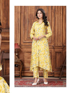Monjolika Fashion Yellow Premium Rayon Floral Printed Long Kurta And Pant Set - Distacart