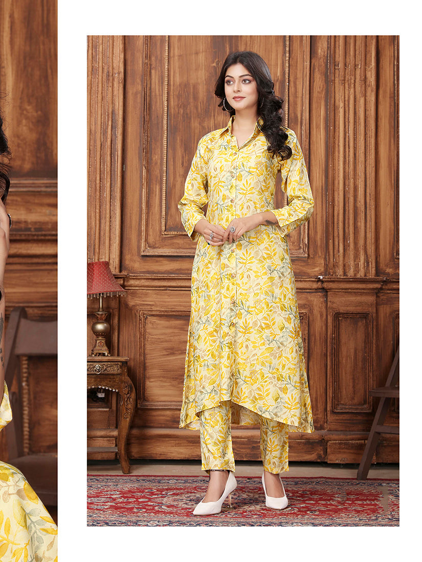 Monjolika Fashion Yellow Premium Rayon Floral Printed Long Kurta And Pant Set - Distacart