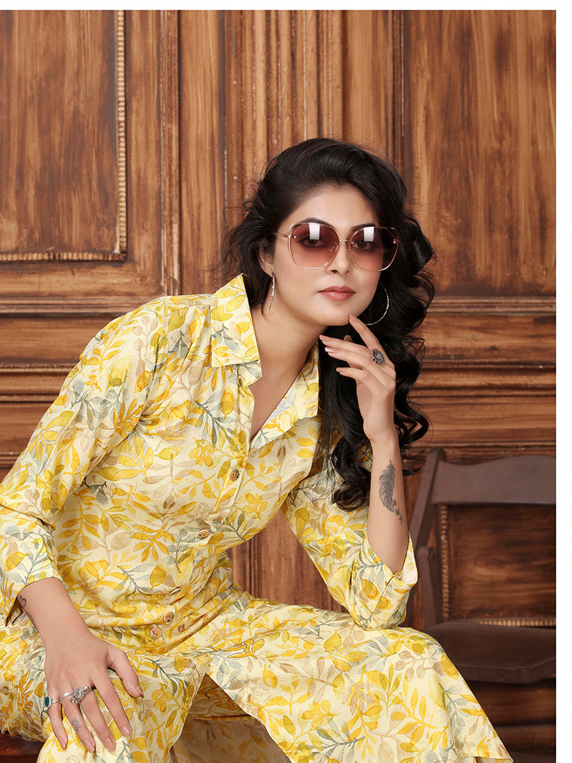 Monjolika Fashion Yellow Premium Rayon Floral Printed Long Kurta And Pant Set - Distacart