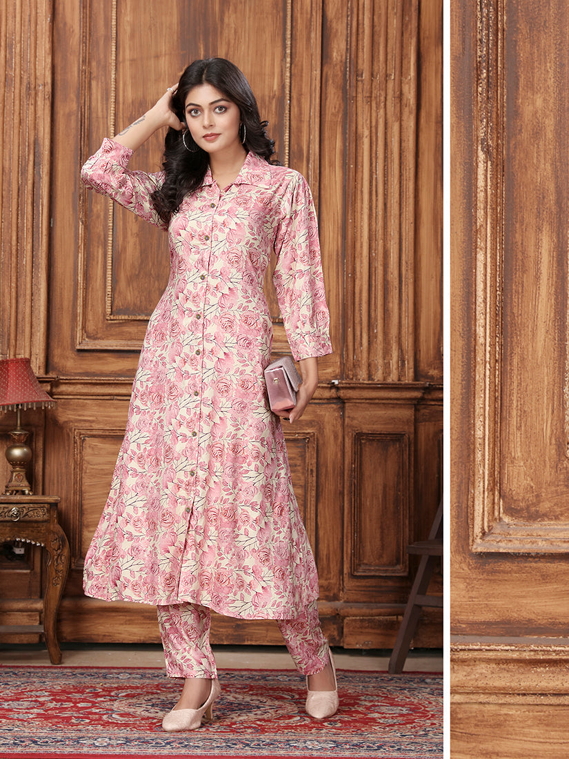 Monjolika Fashion Light Pink Premium Rayon Floral Printed Long Kurta And Pant Set - Distacart