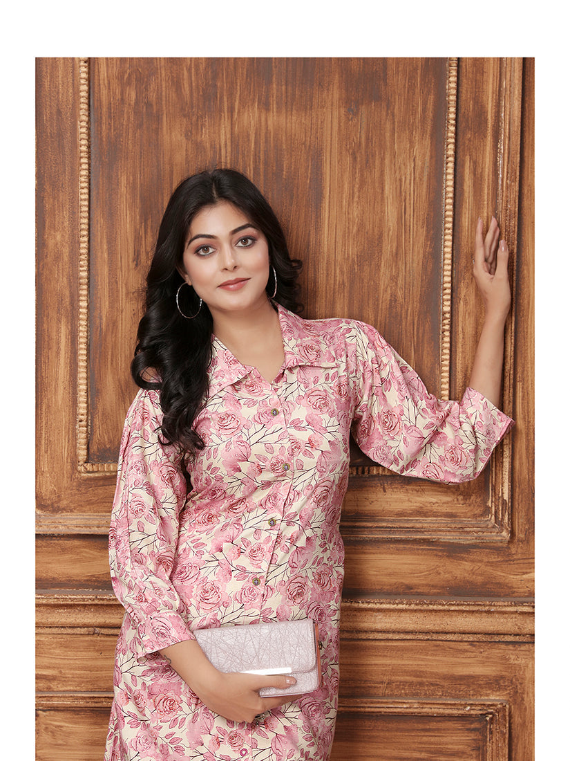 Monjolika Fashion Light Pink Premium Rayon Floral Printed Long Kurta And Pant Set - Distacart