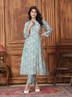 Monjolika Fashion Light Blue Premium Rayon Floral Printed Long Kurta And Pant Set - Distacart