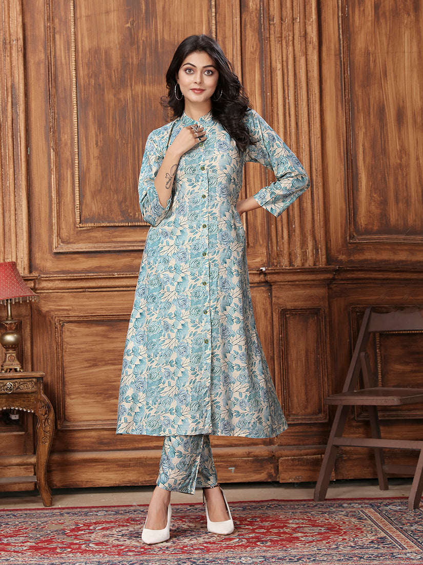 Monjolika Fashion Light Blue Premium Rayon Floral Printed Long Kurta And Pant Set - Distacart