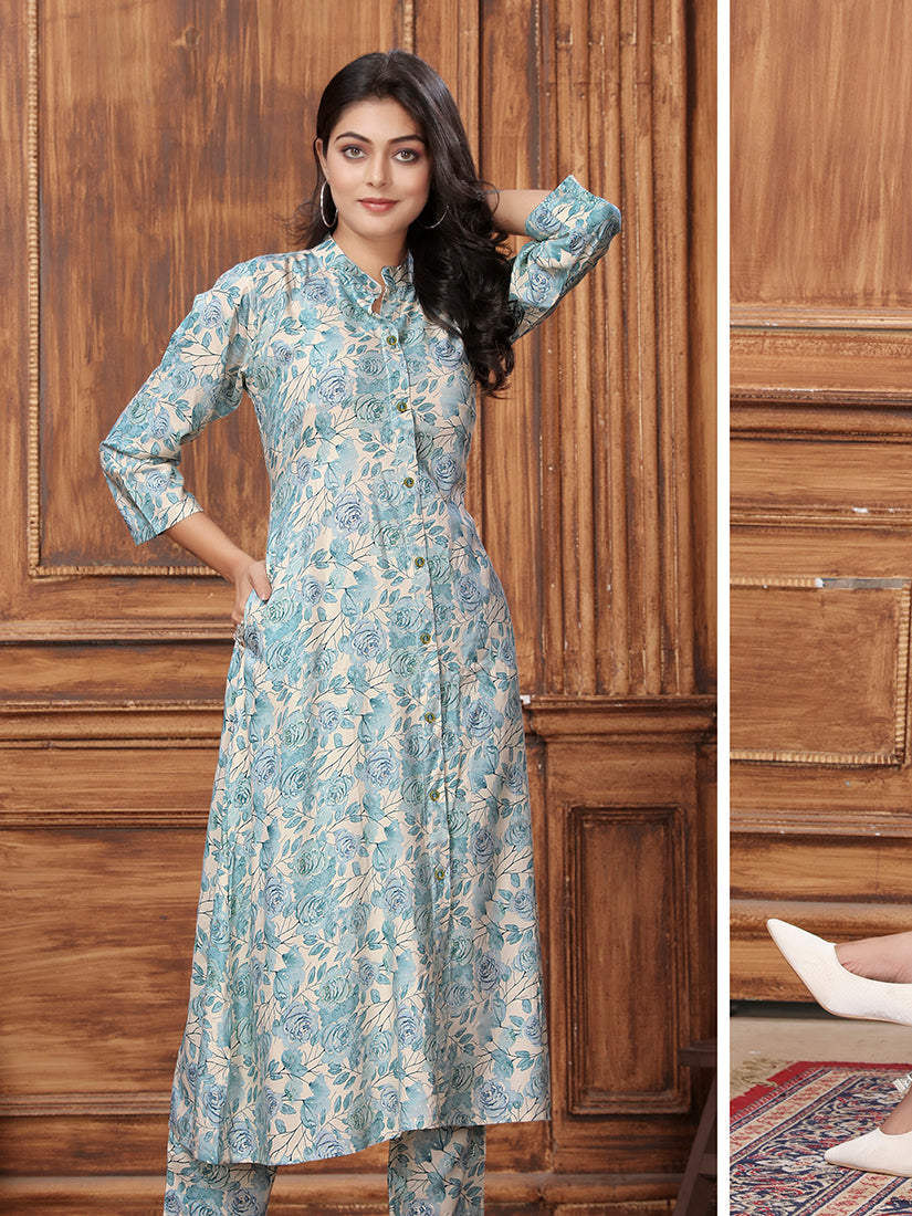 Monjolika Fashion Light Blue Premium Rayon Floral Printed Long Kurta And Pant Set - Distacart
