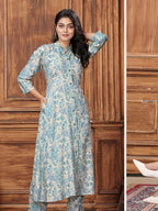 Monjolika Fashion Light Blue Premium Rayon Floral Printed Long Kurta And Pant Set - Distacart