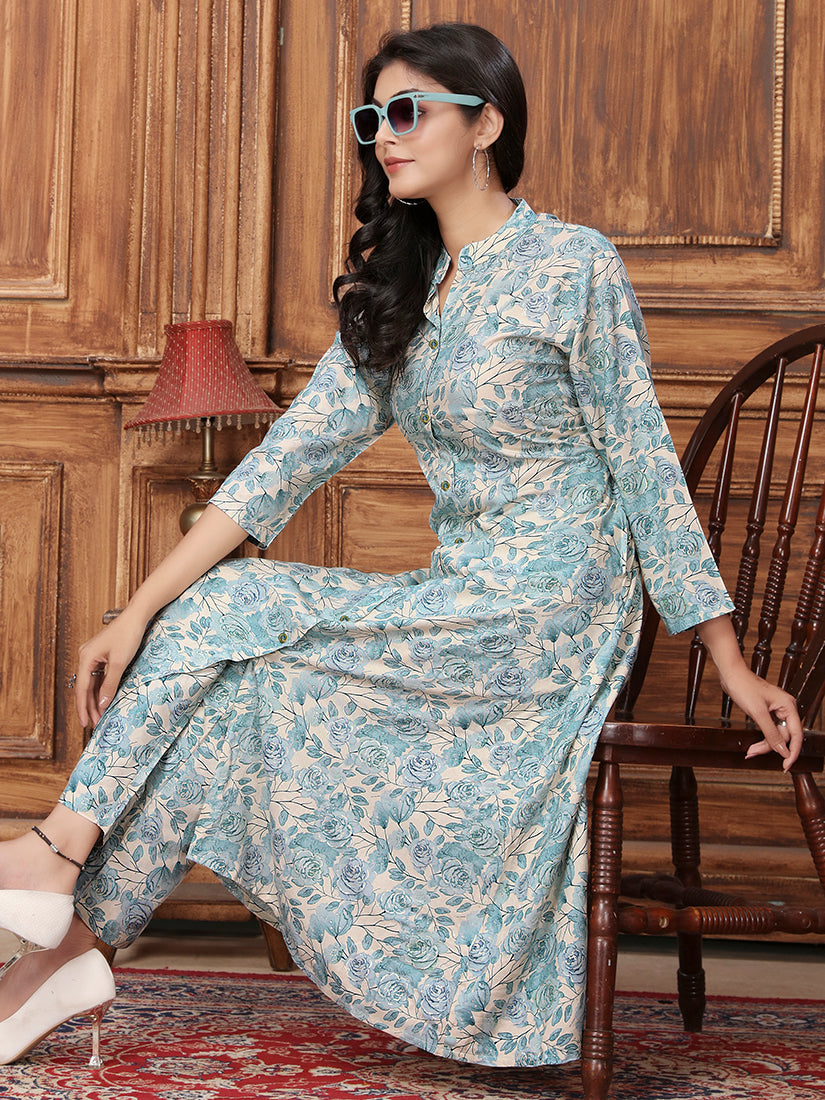 Monjolika Fashion Light Blue Premium Rayon Floral Printed Long Kurta And Pant Set - Distacart