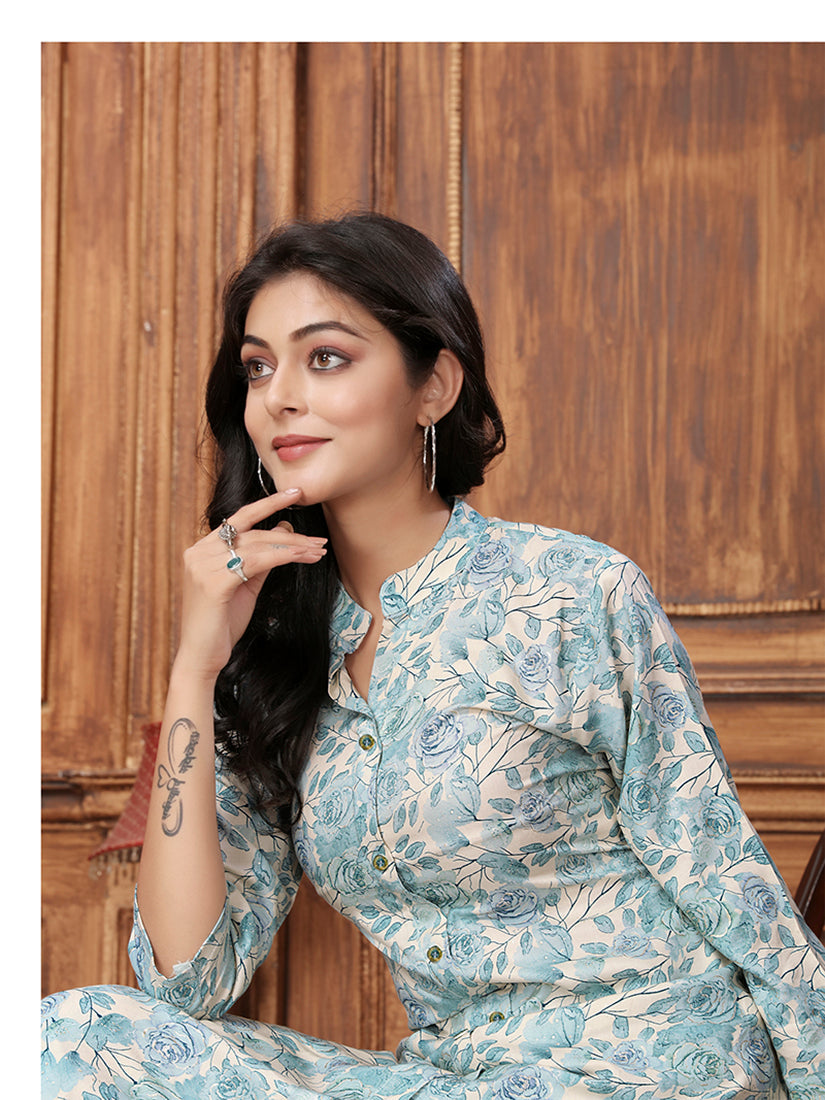 Monjolika Fashion Light Blue Premium Rayon Floral Printed Long Kurta And Pant Set - Distacart