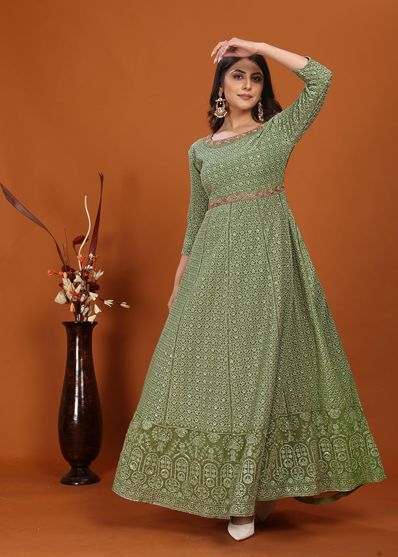 Monjolika Fashion Faux Georgette Embroidered Readymade Gown In Green - Distacart