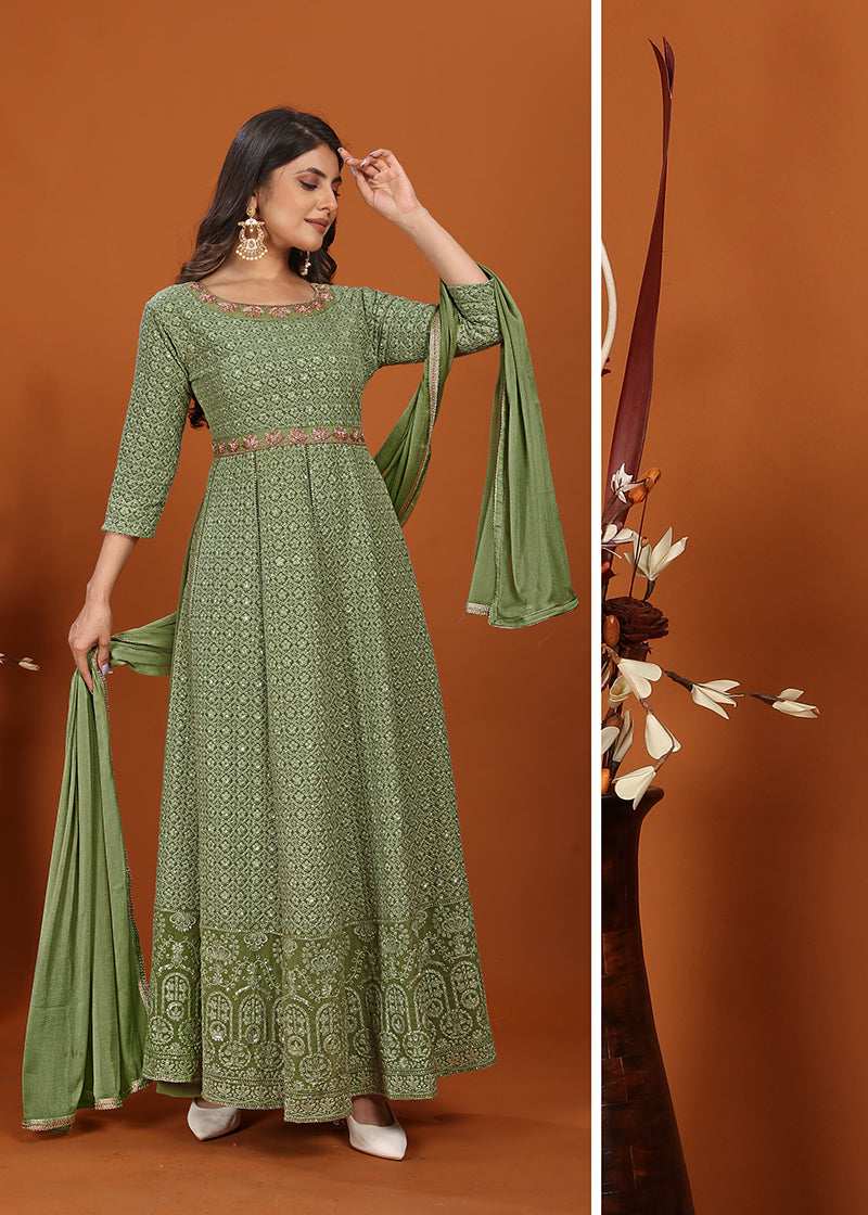 Monjolika Fashion Faux Georgette Embroidered Readymade Gown In Green - Distacart