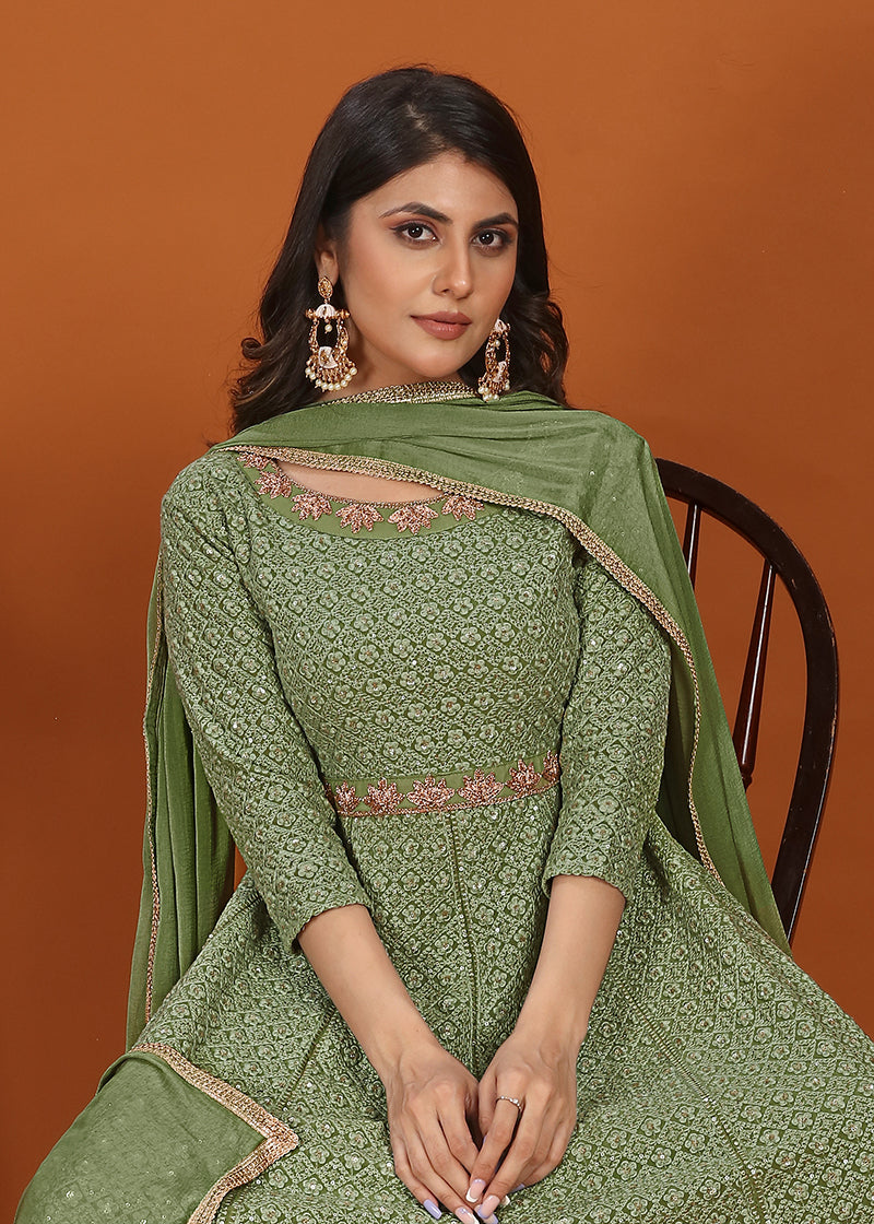 Monjolika Fashion Faux Georgette Embroidered Readymade Gown In Green - Distacart