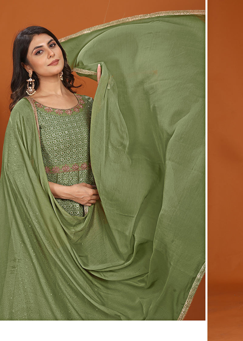 Monjolika Fashion Faux Georgette Embroidered Readymade Gown In Green - Distacart