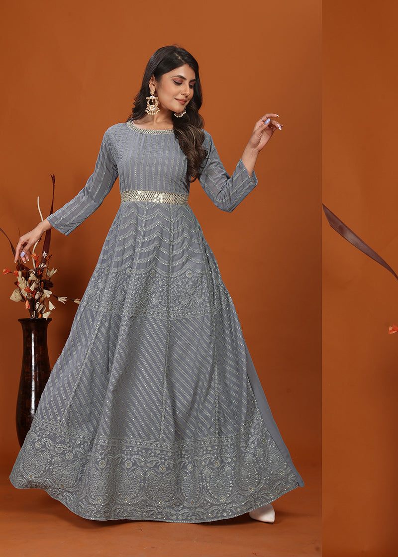 Monjolika Fashion Faux Georgette Embroidered Readymade Gown In Grey - Distacart